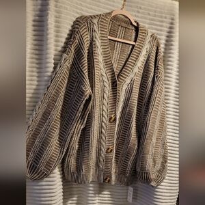 Cupshe Striped Knit Cardigan - Cream and Brown